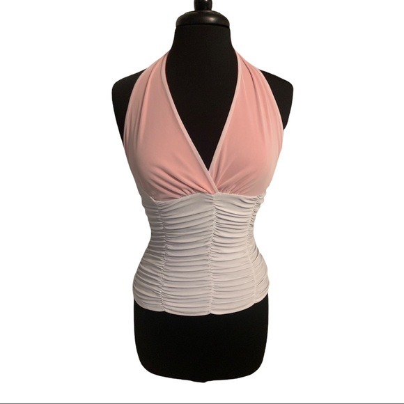 Brittney Tops - BRITTNEY white and coral ruched halter top